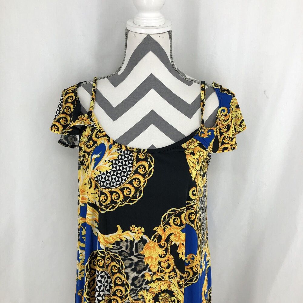 Watermelon Blue Gold Floral Cold Shoulder Dress WD1068P 1X Plus USA